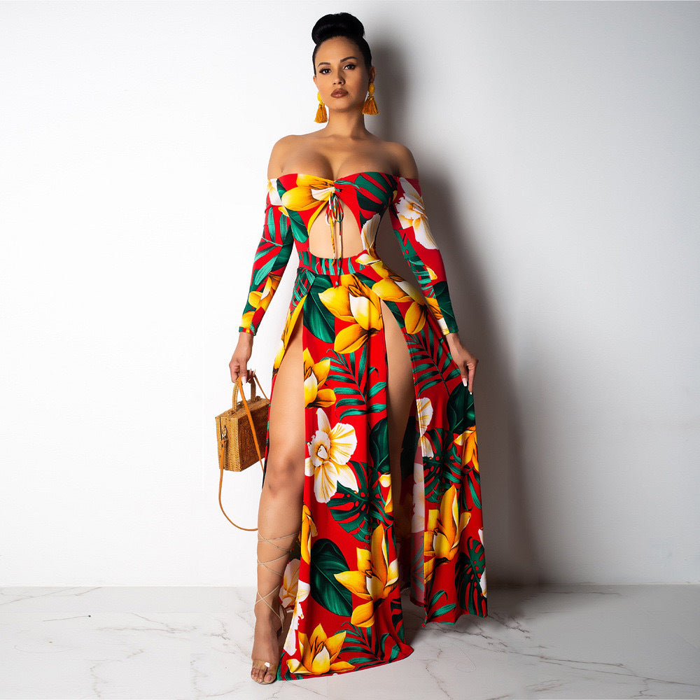 Women Printed Cutout Holidays Long Sleeve Off Shoulder Lace-Up Dress