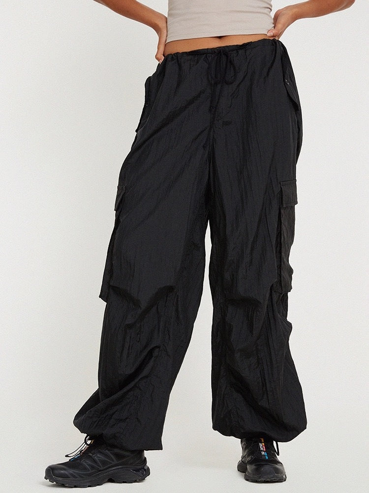 Large Pocket High Waist Casual Drawstring Slim Waist Cargo Pants For Women