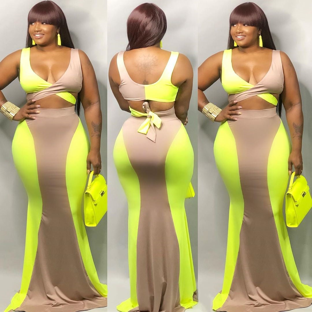 Women Sexy Contrast Color Top and Long Skirt Two-piece Set 8