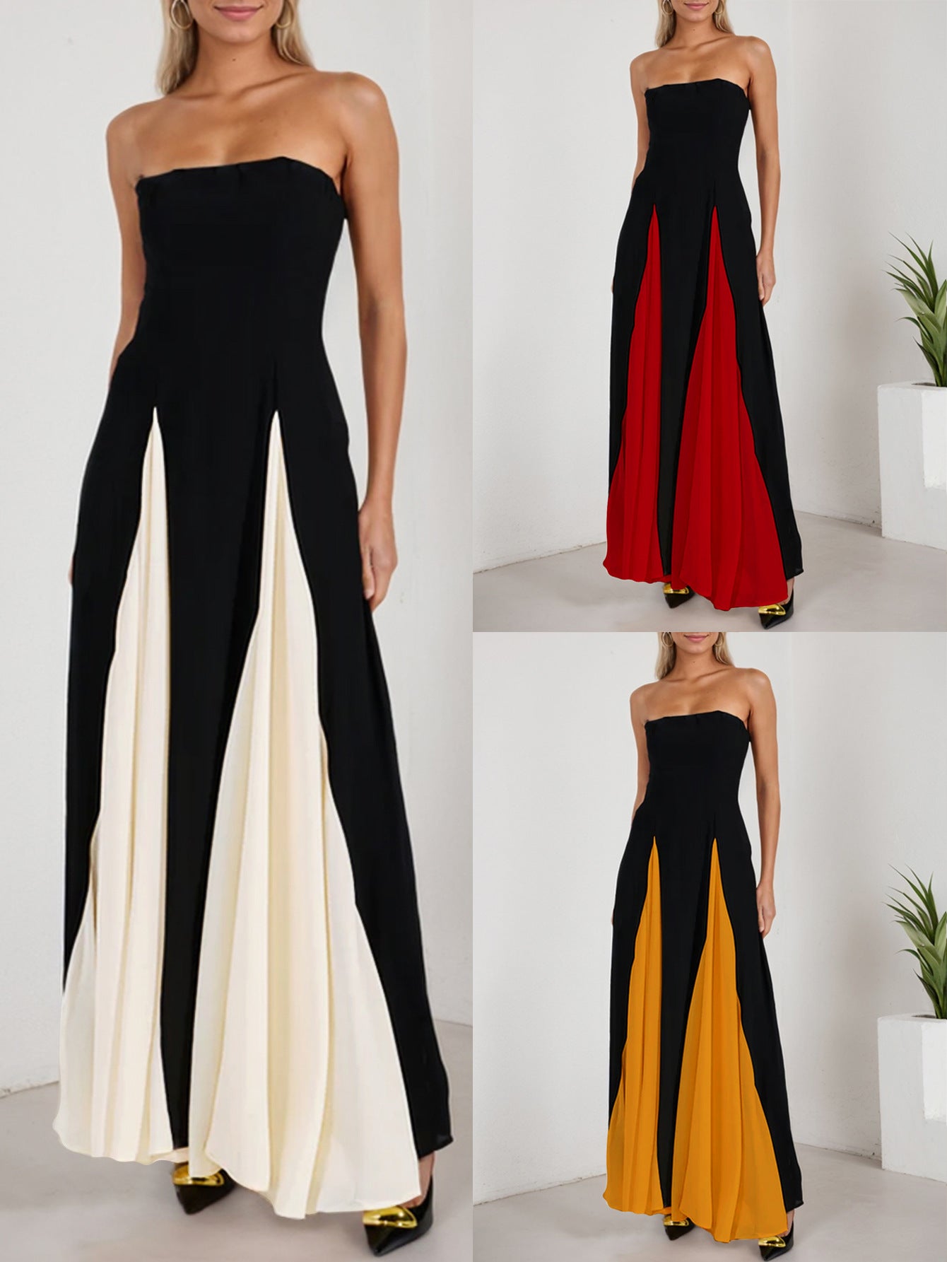 Fashionable Women's Sexy Contrast Patchwork Strapless Long Evening Dress 12