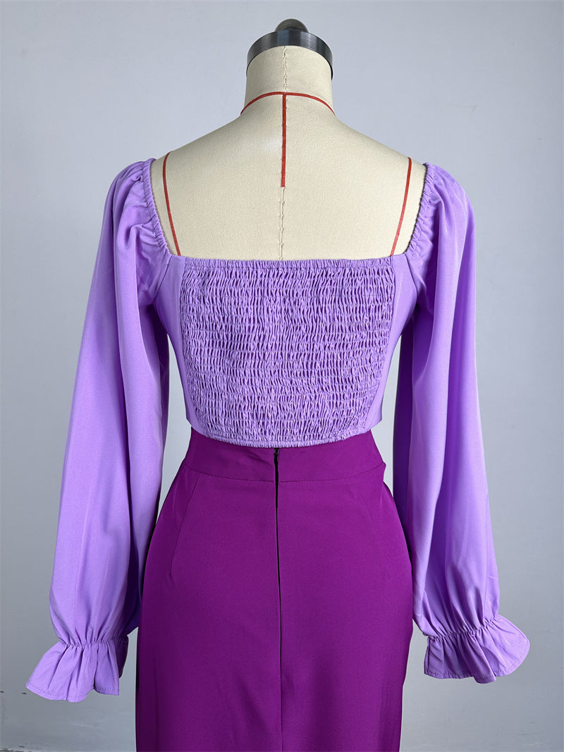 Women's Spring Fashion Square Neck Bell Bottom Sleeve Cropped Top Slit Skirt Two Piece Set 15