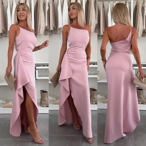 Summer Slash Shoulder Split Sleeveless Women's Sexy Slim Evening Dress 5