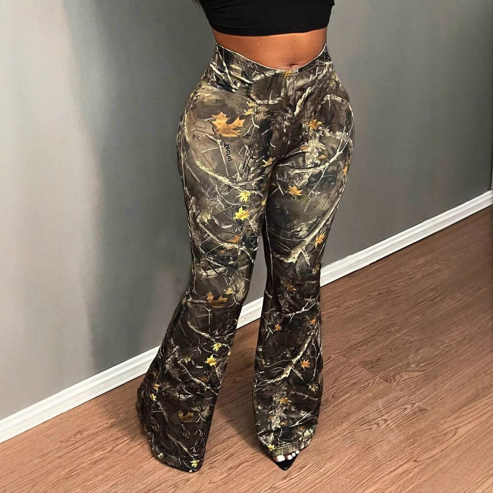Women Elegant High Waist Plant Print Wide Leg Pants 4