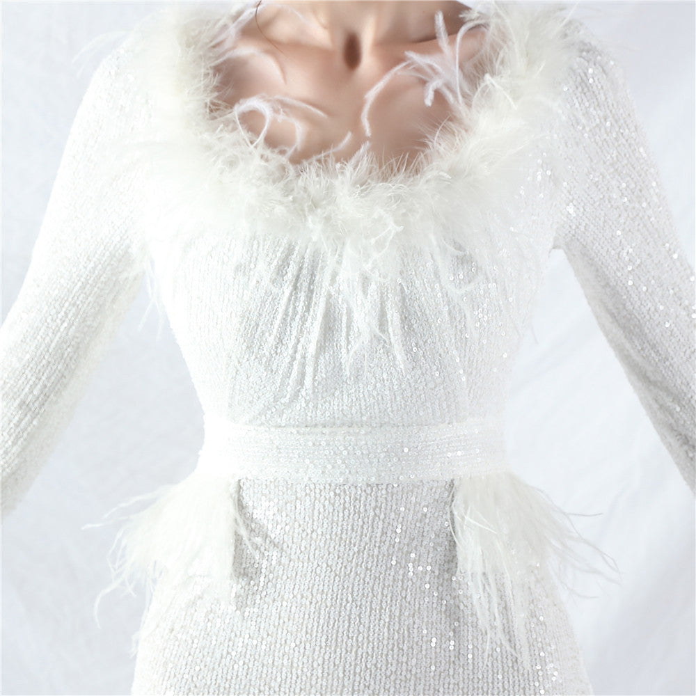 Women ostrich feather long-sleeved sequined evening dress 17