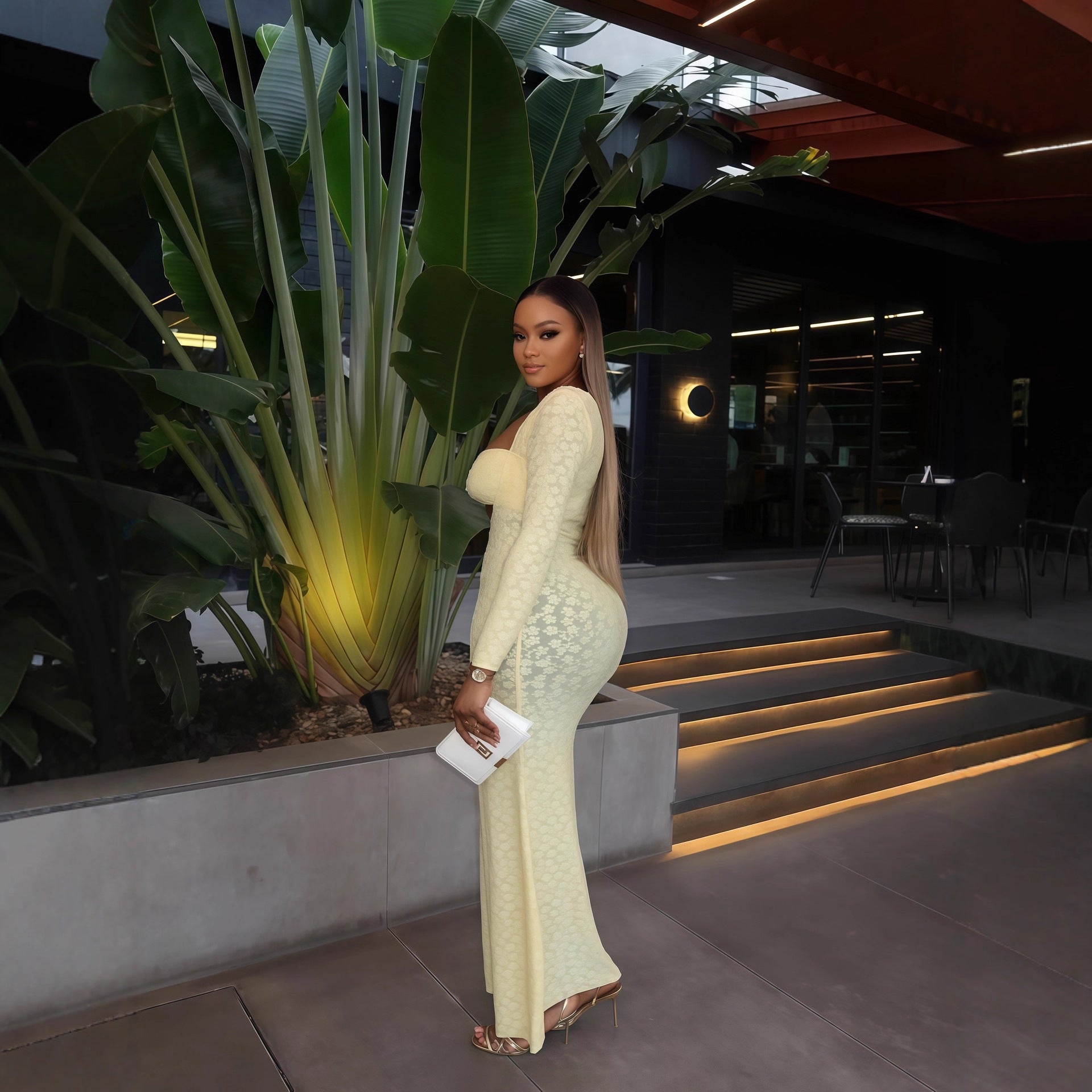 Women's Autumn Solid Color Long Sleeve Wrap Tight Fitting Chic Long Dress 3