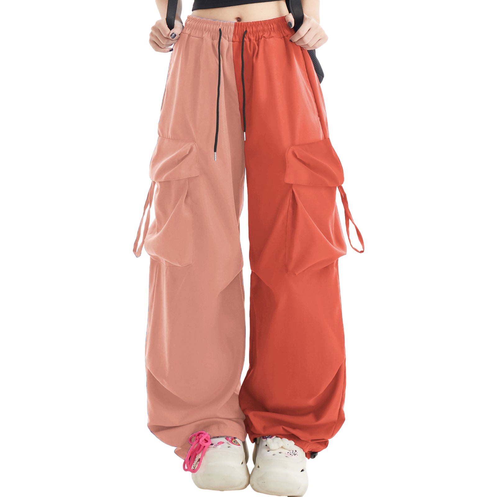 American Contrast Color Loose Wide Leg Cargo Pants Hip Hop Color Matching Fashion Casual Sports Trousers for Women 3
