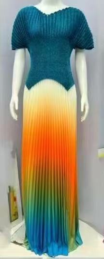 Pleated solid color v-neck top gradient pleated long skirt two-piece set for women 3