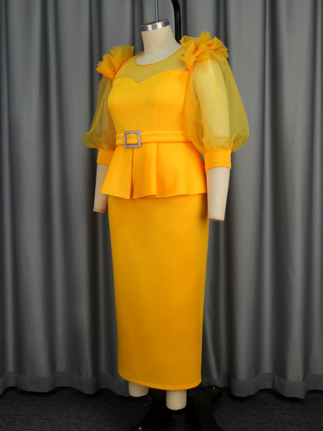 Round Neck See-Through Lantern Sleeve Formal Party Fashion Women Dresses 4