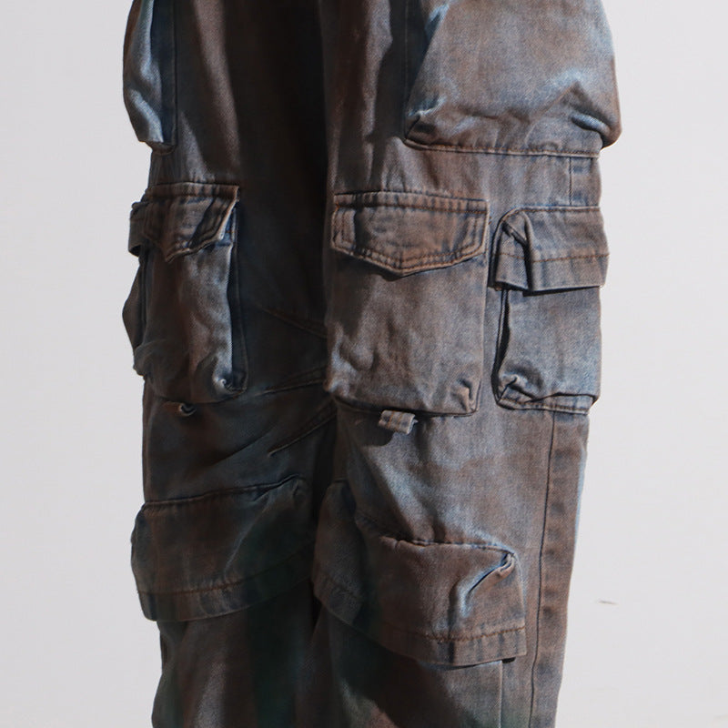 Women Tie Dye Loose Loose Multi Pockets Graffiti Cargo Denim 16