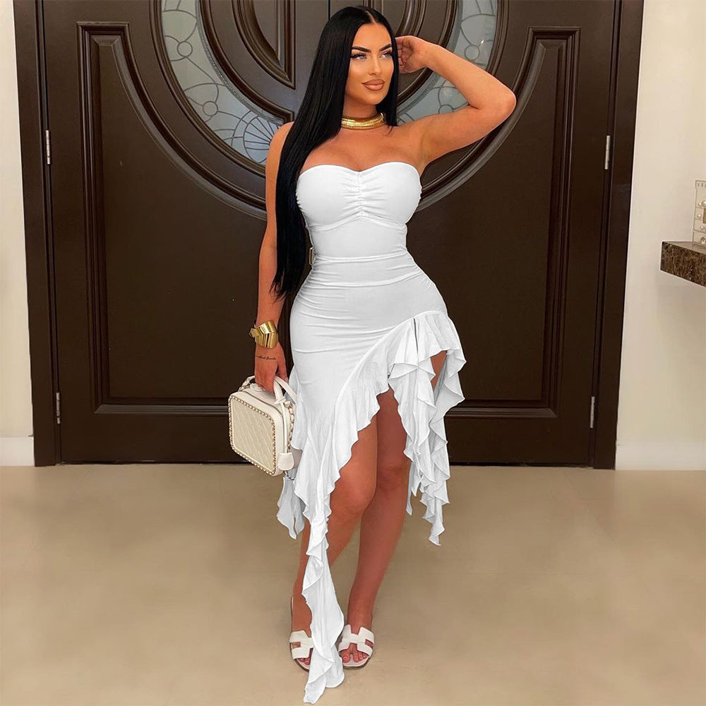 Women's Strapless Irregular Solid Color Ruffled Bodycon Dress
