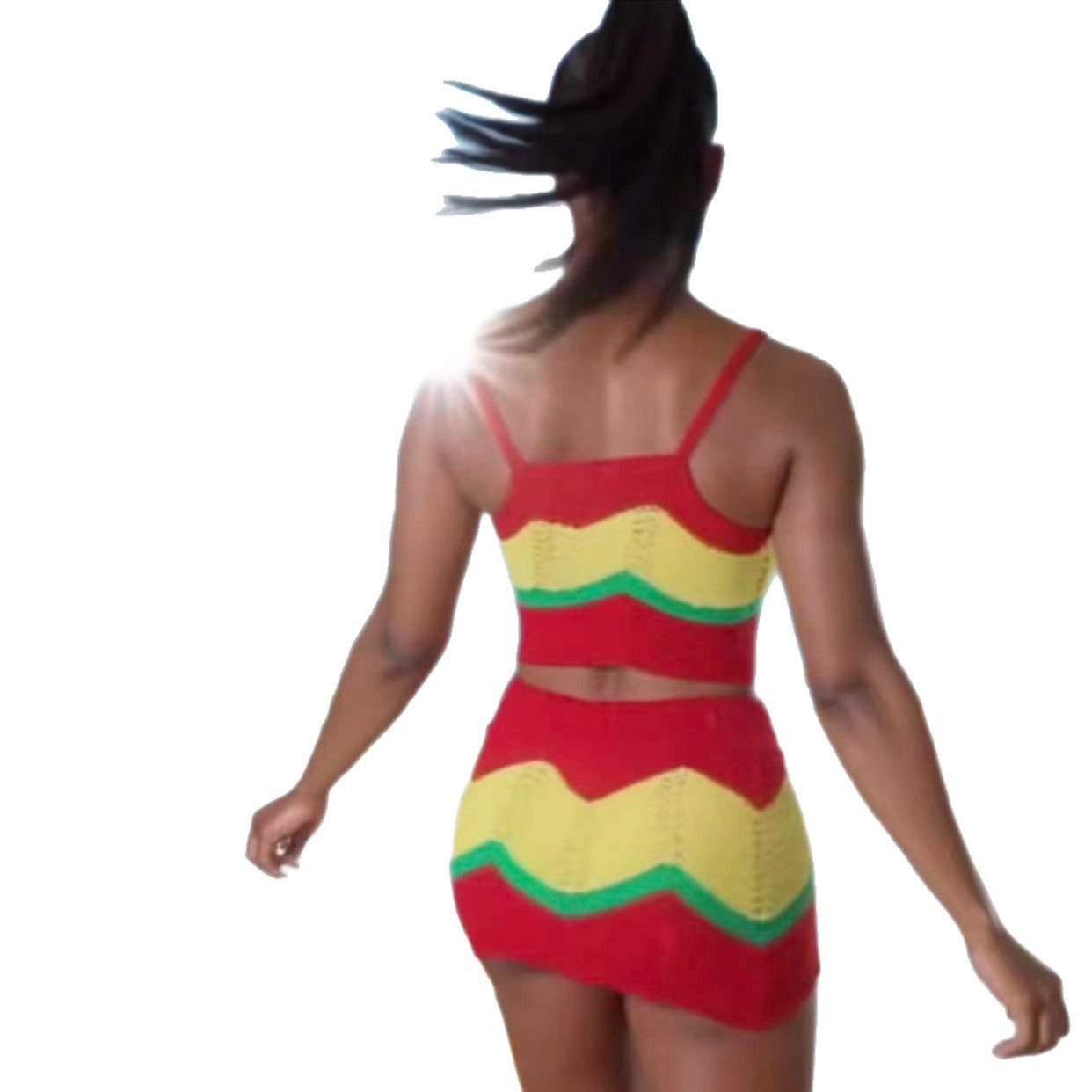 Women Holiday Multi-Color Knitting halter top and skirt with wavy pattern and hollowed-out lace. 7