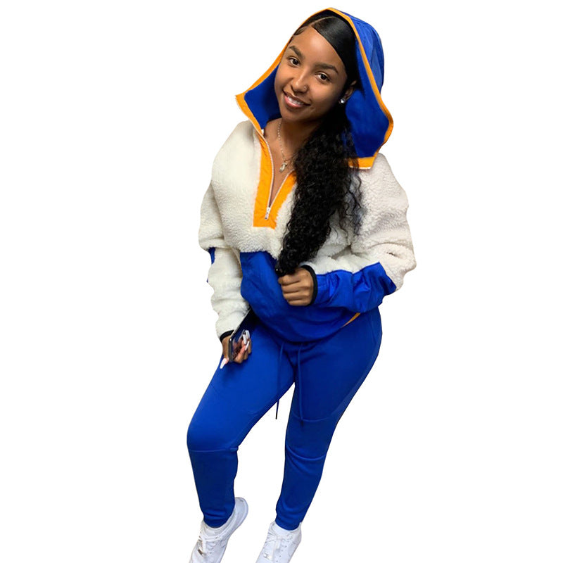Women Autumn and Winter Casual Color Block Lamb Wool Hoodies Sports Two-piece Set 7