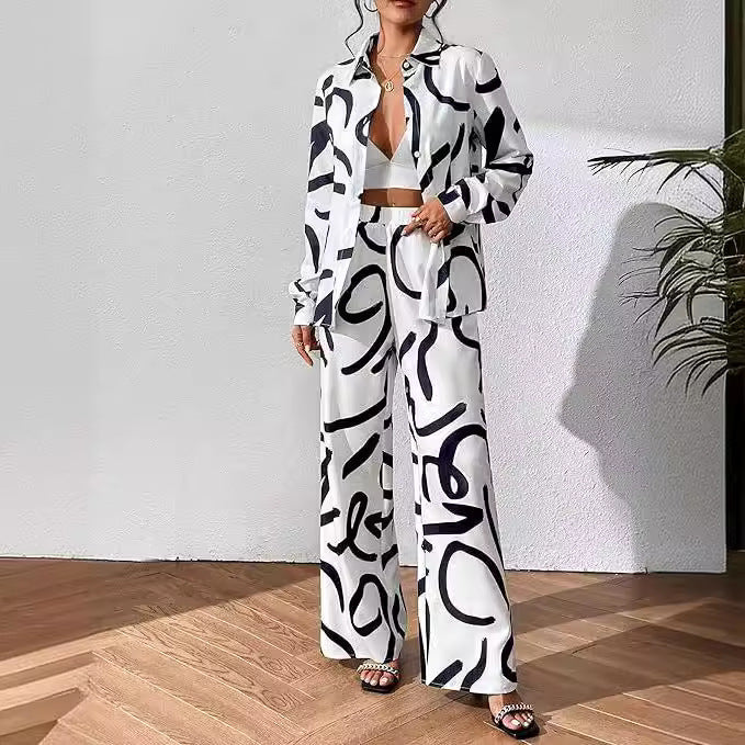 Fashion Print Casual Shirt Wide-Leg Pants Two-Piece Set 4