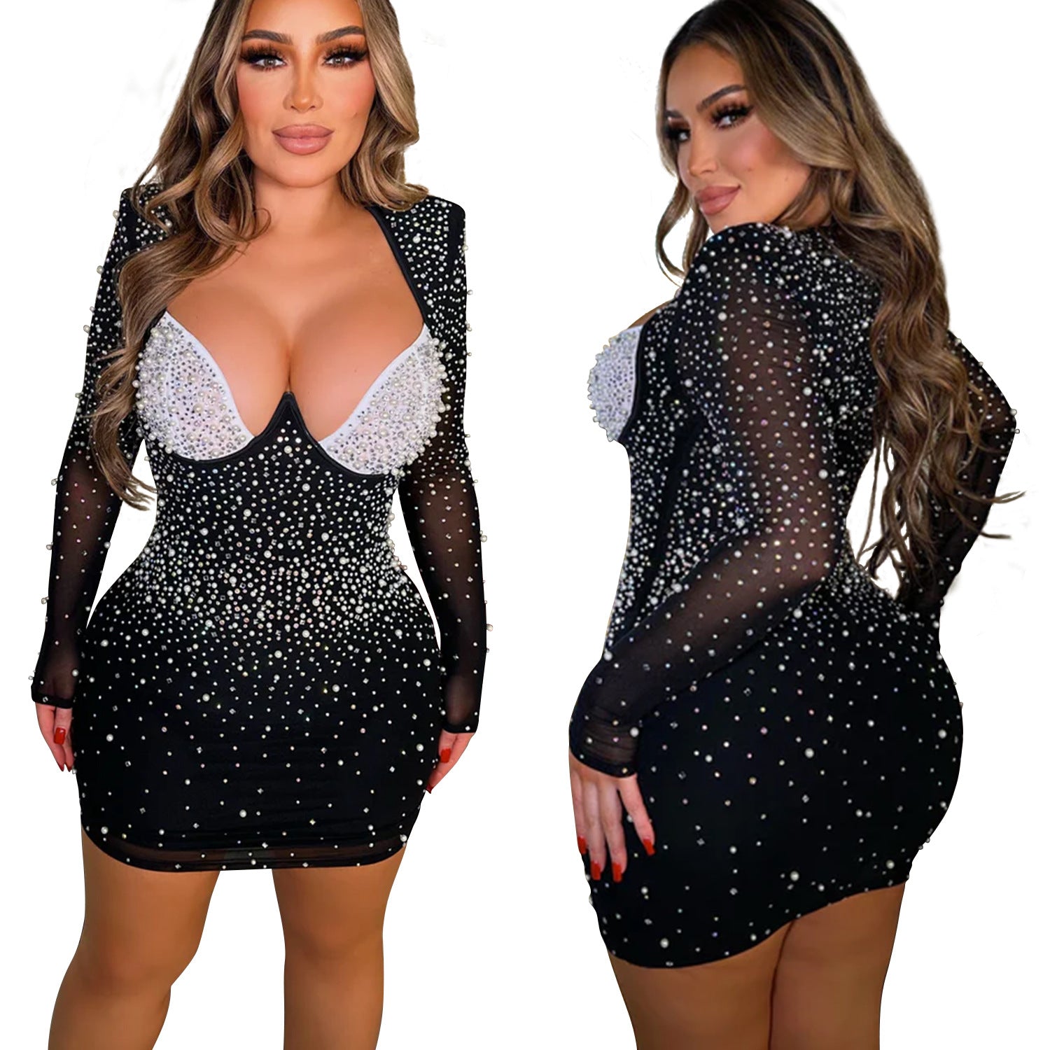 Fashion Women's Solid Color Beaded Mesh Long Sleeve Bodycon Dress 5