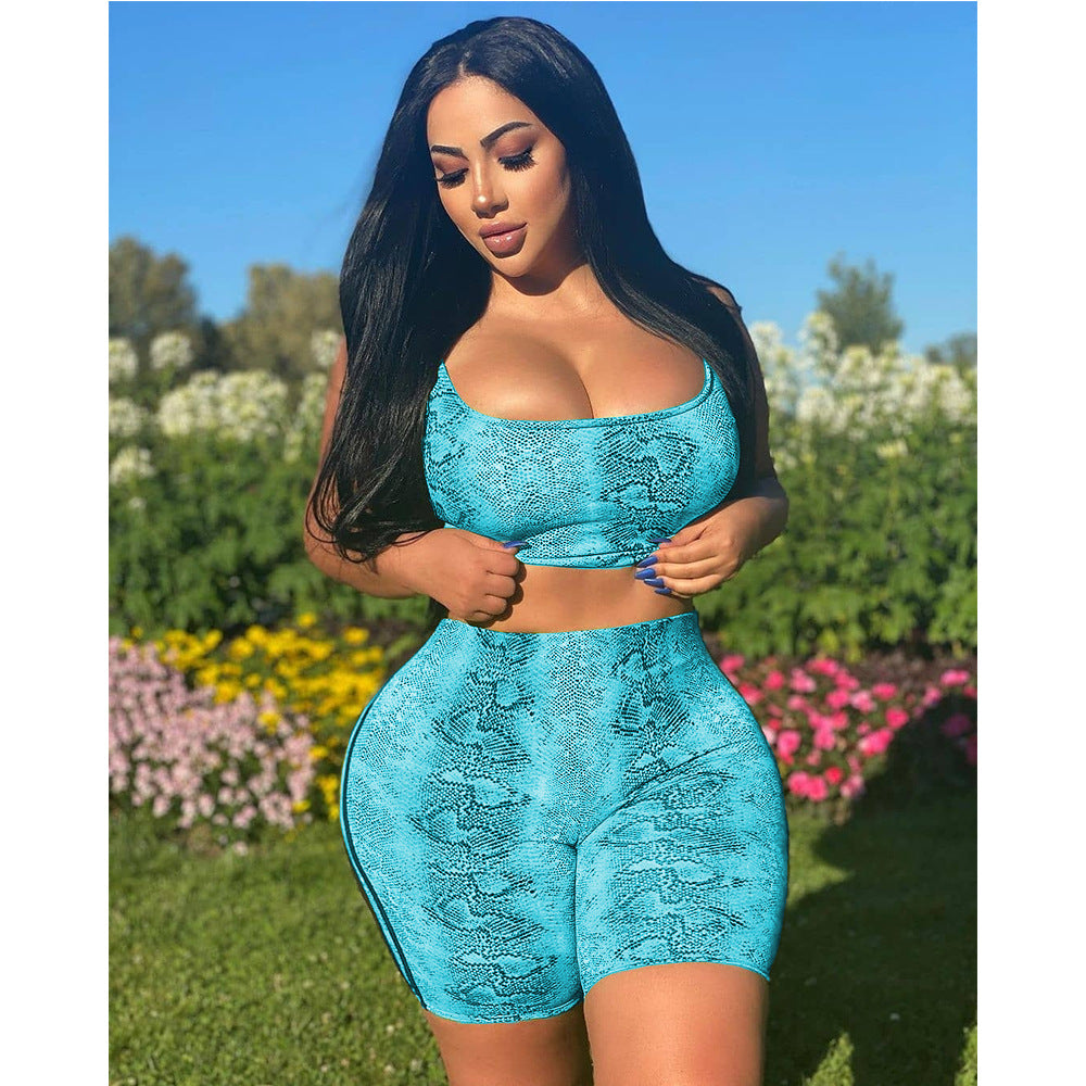 Spring Women's Fashion Casual Snakeskin Pattern Print Two Piece Shorts Set 8