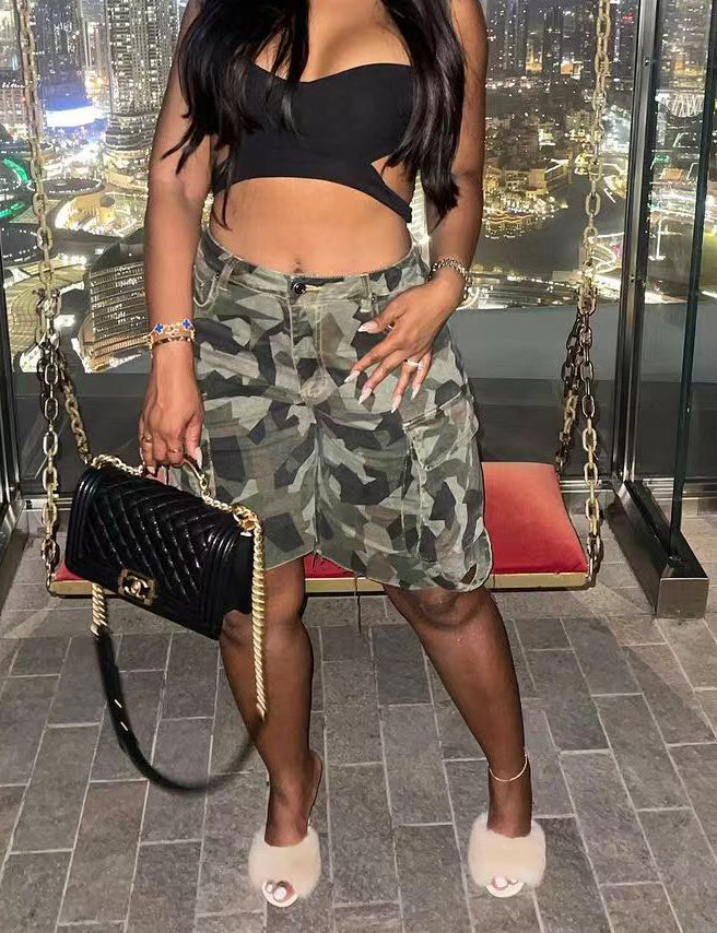 Spring Summer Women's Pocket Camouflage Cargo 5-Point Pants