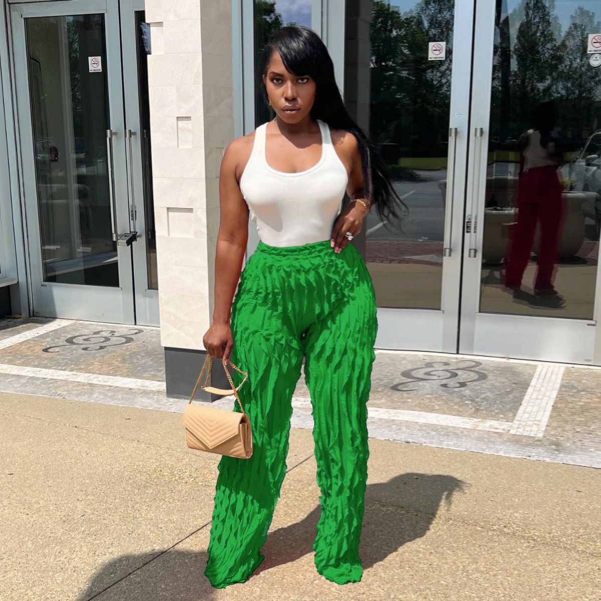 Women's Mesh Wave Pattern Ruffle Loose High Waist Wide Leg Trousers 11