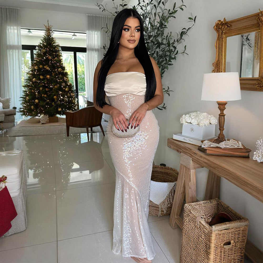 Women Sexy Strapless Satin Patchwork Sequin Fishtail Dress 4