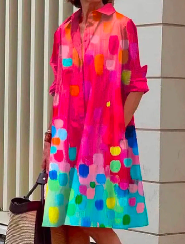 Fashion Print Turndown Collar Long Women's Shirt Dress 3