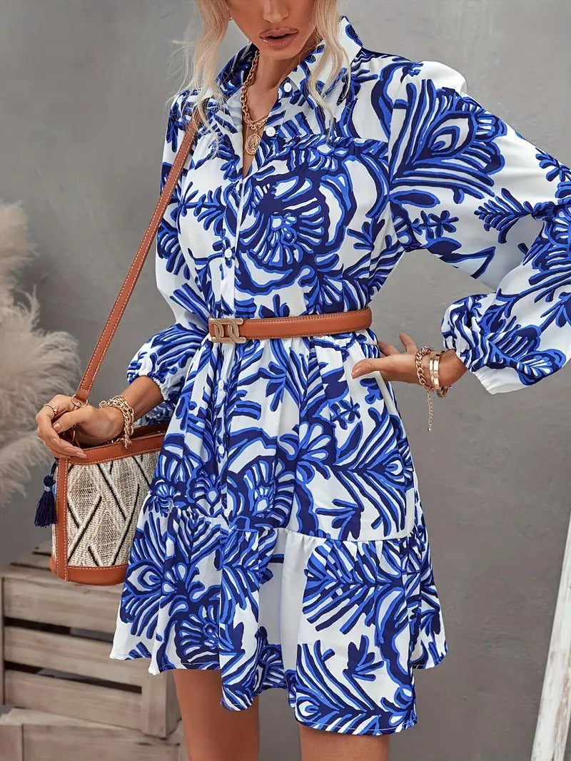 Women Elegant Print Turndown Collar Shirt Dress 7