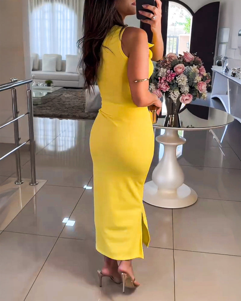 Women Solid Large Flower One-shoulder Top and Skirt Two-piece Set