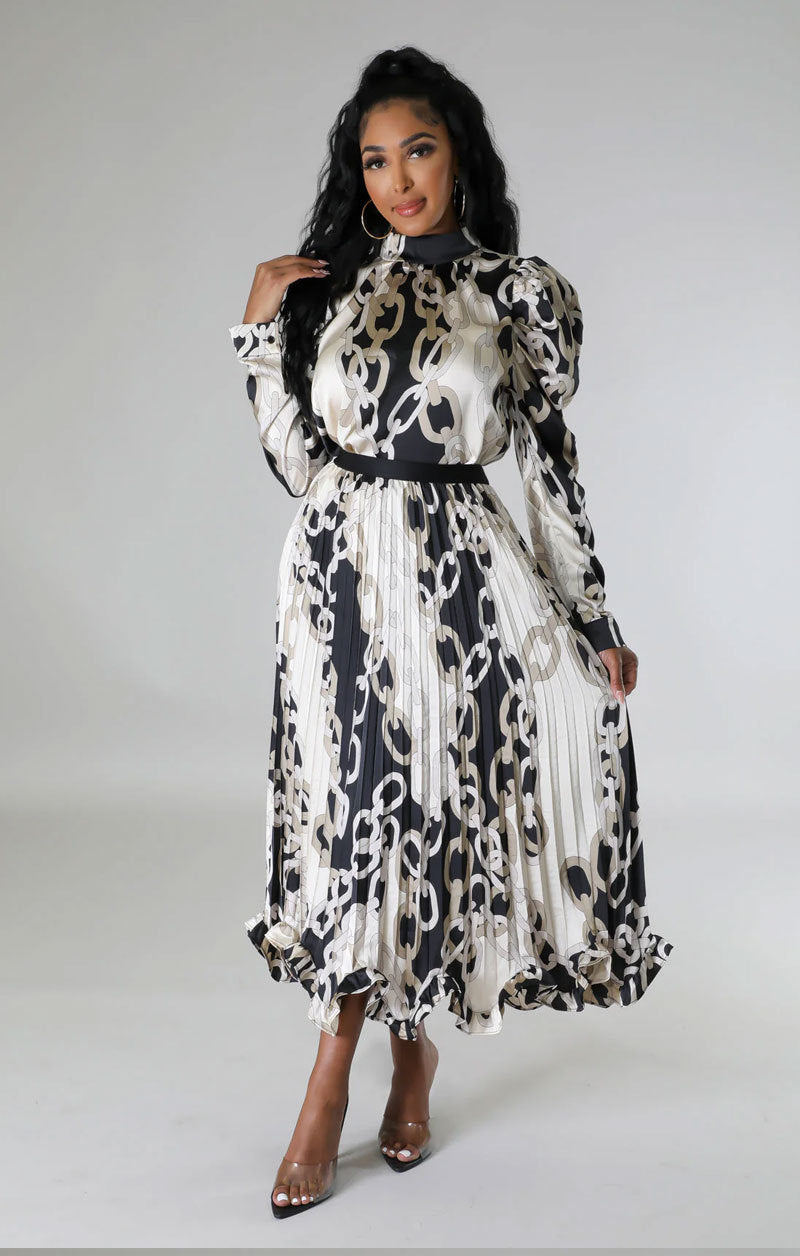 Women Fall Casual Long Sleeve Pleated Print Top and Skirt Two-Piece Set