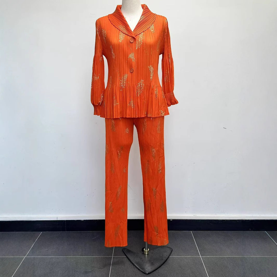 Plus Size Women Casual Pleated Blazer and Pants Two Piece Set 4