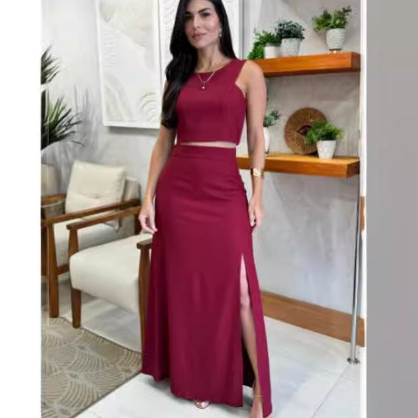 Summer Solid Color Round Neck Sleeveless Top High Waist Slit Skirt Set 5