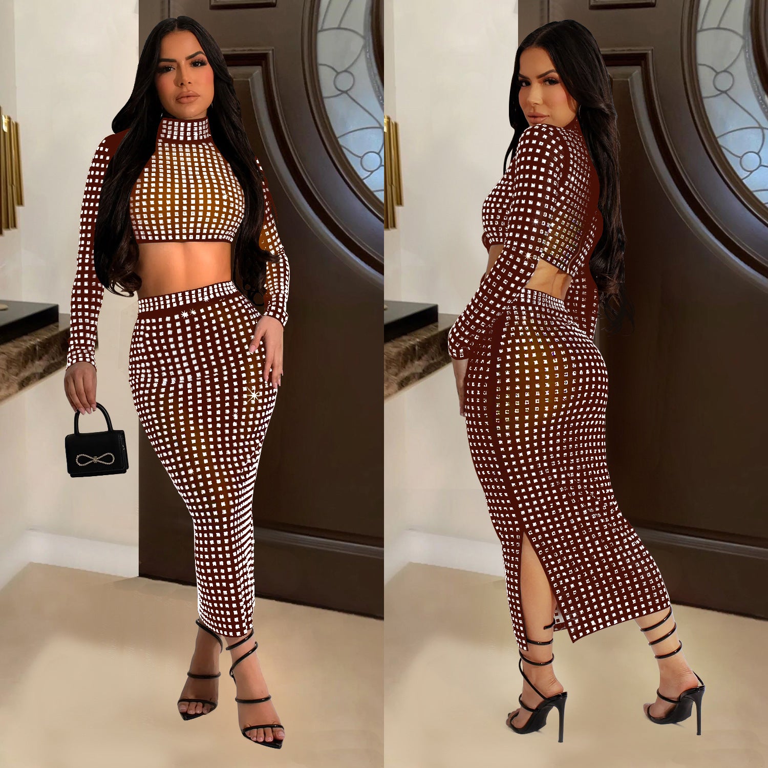 Women Solid Beaded Mesh Top and Pants Two-piece Set 3