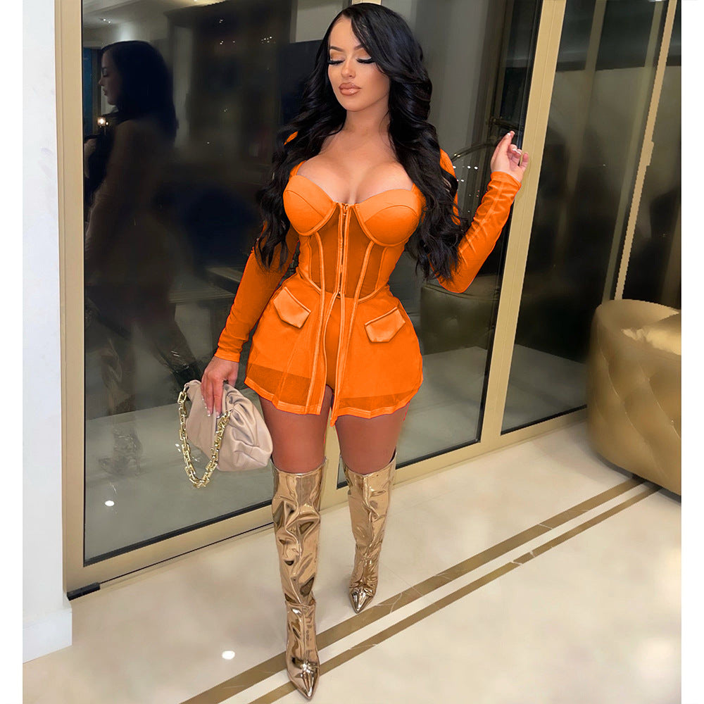 Women Mesh See-Through Patchwork Zipper Top and Shorts Two-piece Set 3