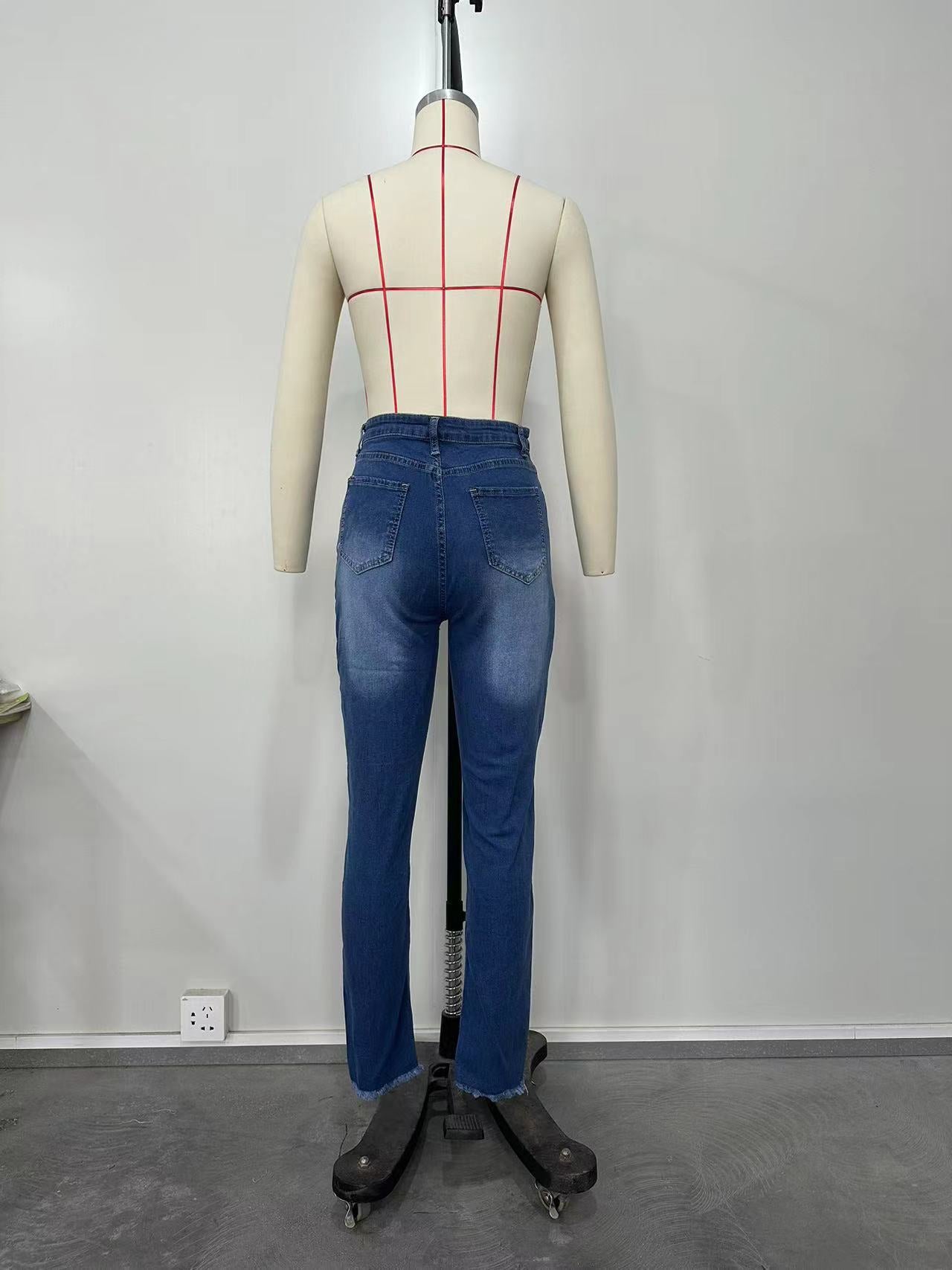 Women Ripped Diagonal Zip Denim Pants 15