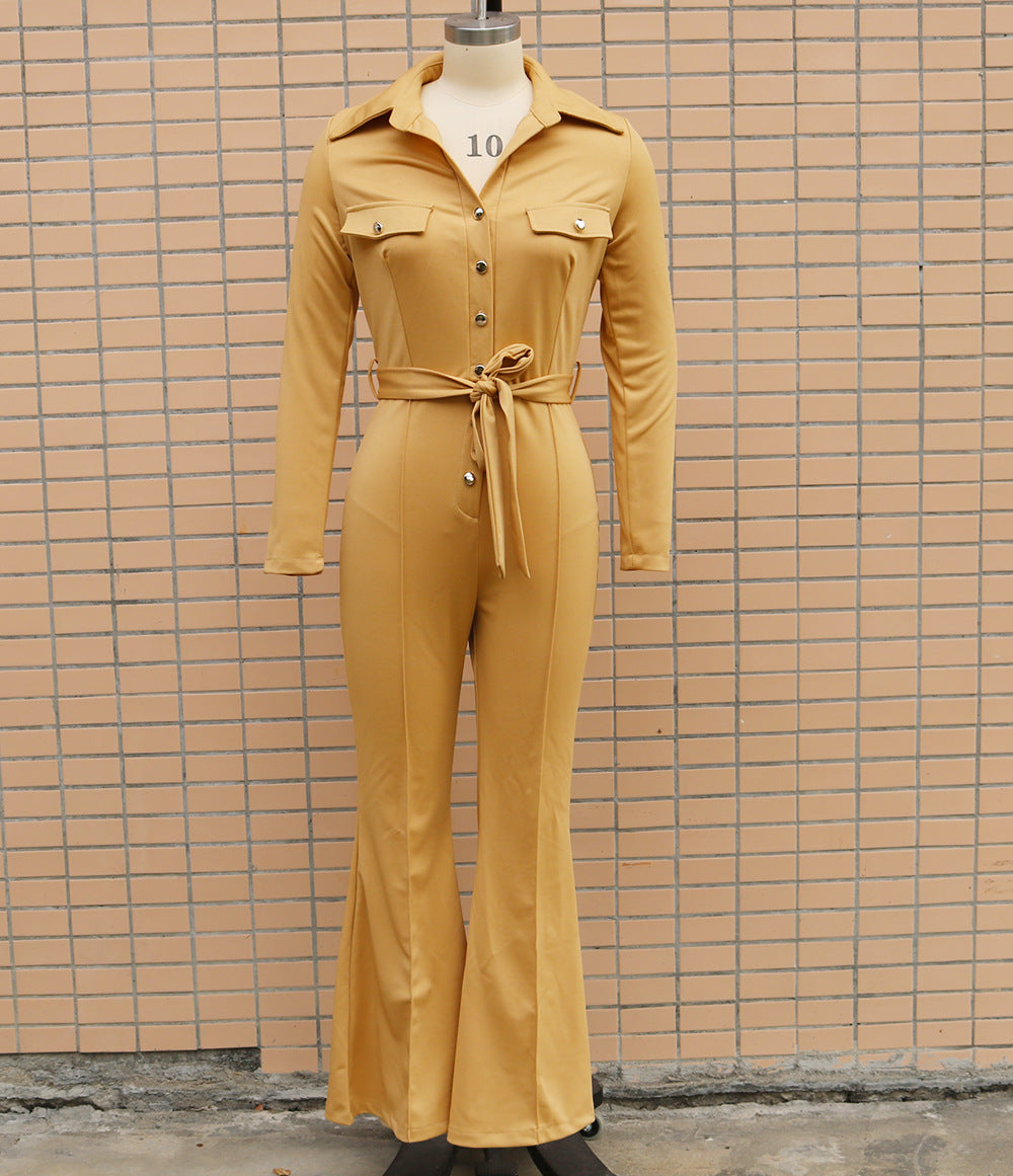 Women Turndown Collar Long Sleeve Bell-Bottom Jumpsuit 15