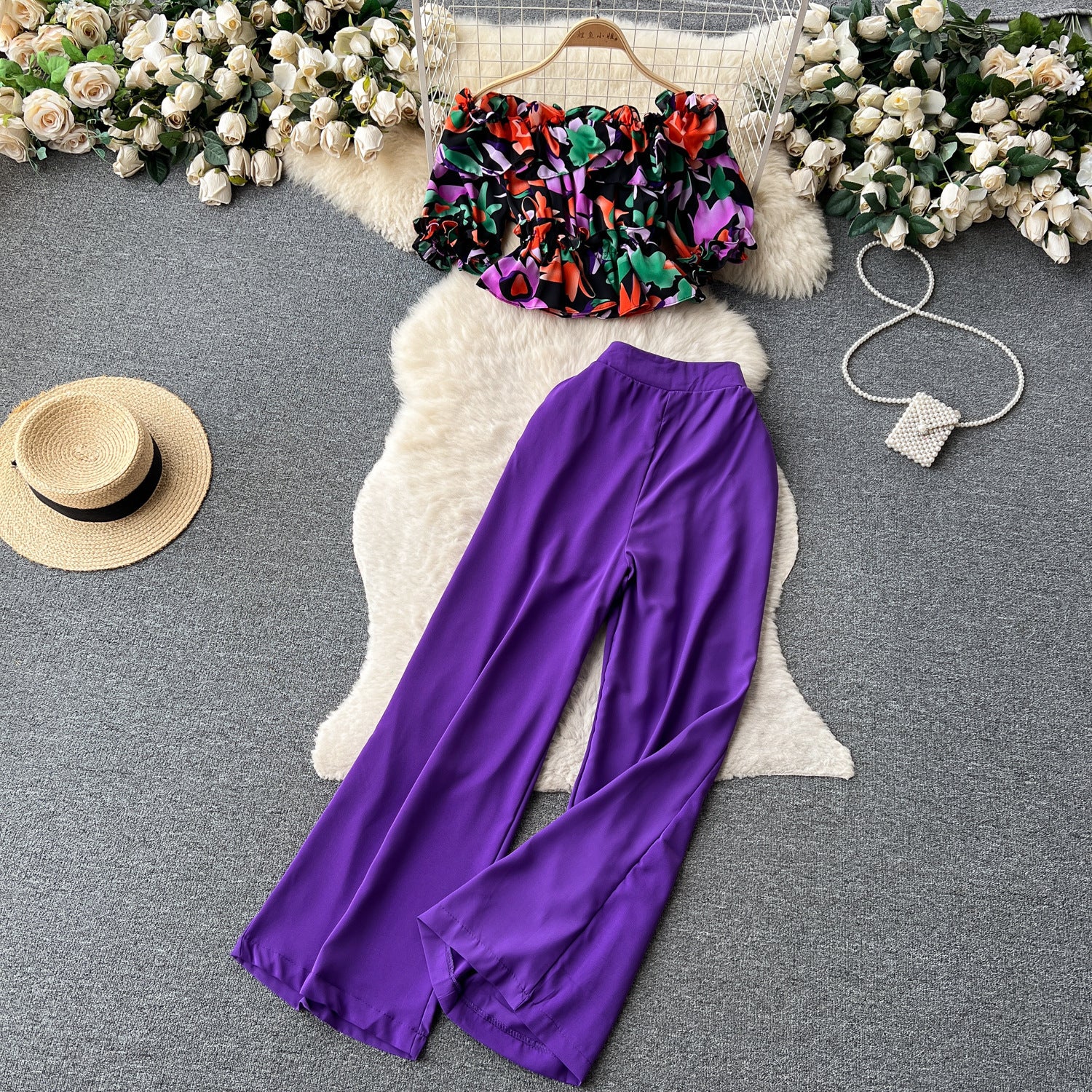 Women French Off Shoulder Ruffled Floral Blouse and Wide Leg Pants Two-Piece Set 19