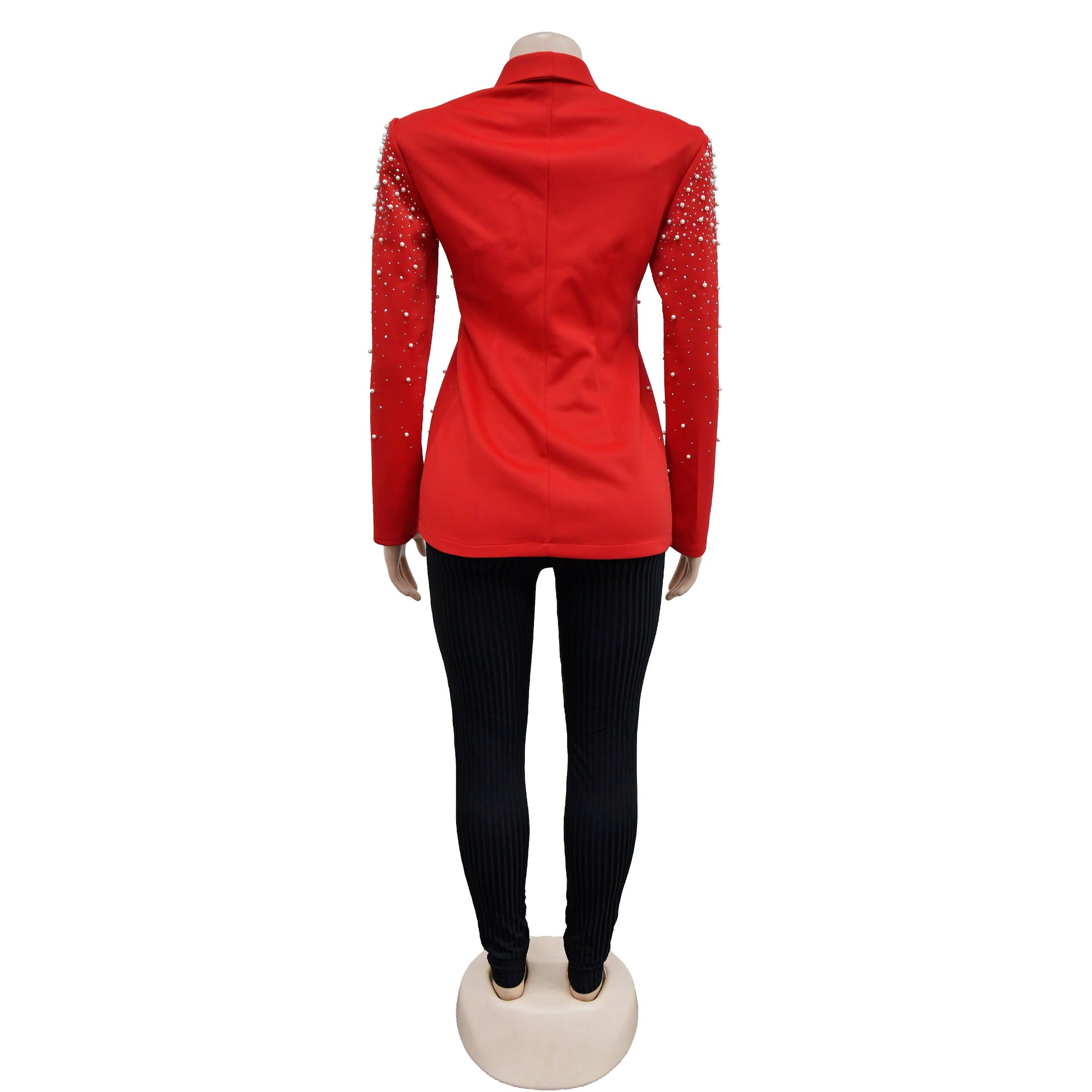 Women's Fashion Solid Color Beaded Turndown Collar Long Sleeve Blazer 19