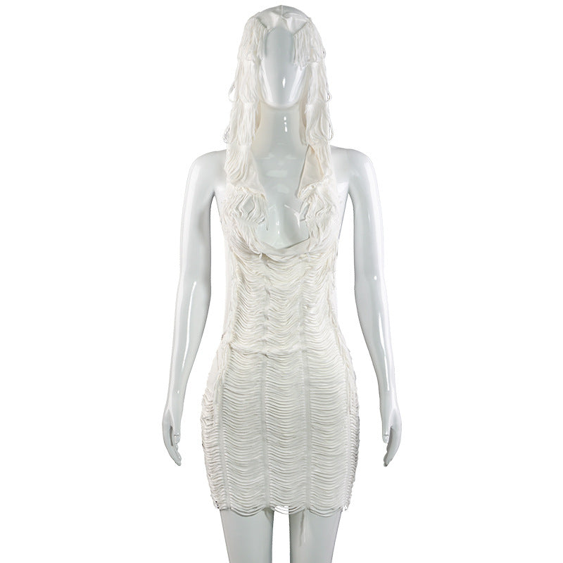 Women summer Solid Casual sleeveless hooded tassel dress 8