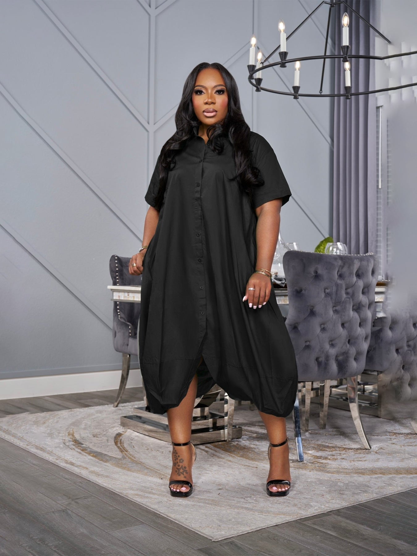 Summer Plus Size Solid Color Short-Sleeve Loose Dress 3