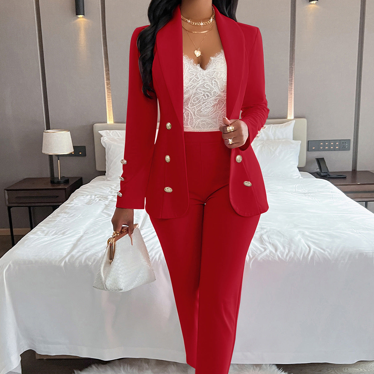 Women long-sleeved Solid Blazer and Pant Two Piece Set 9