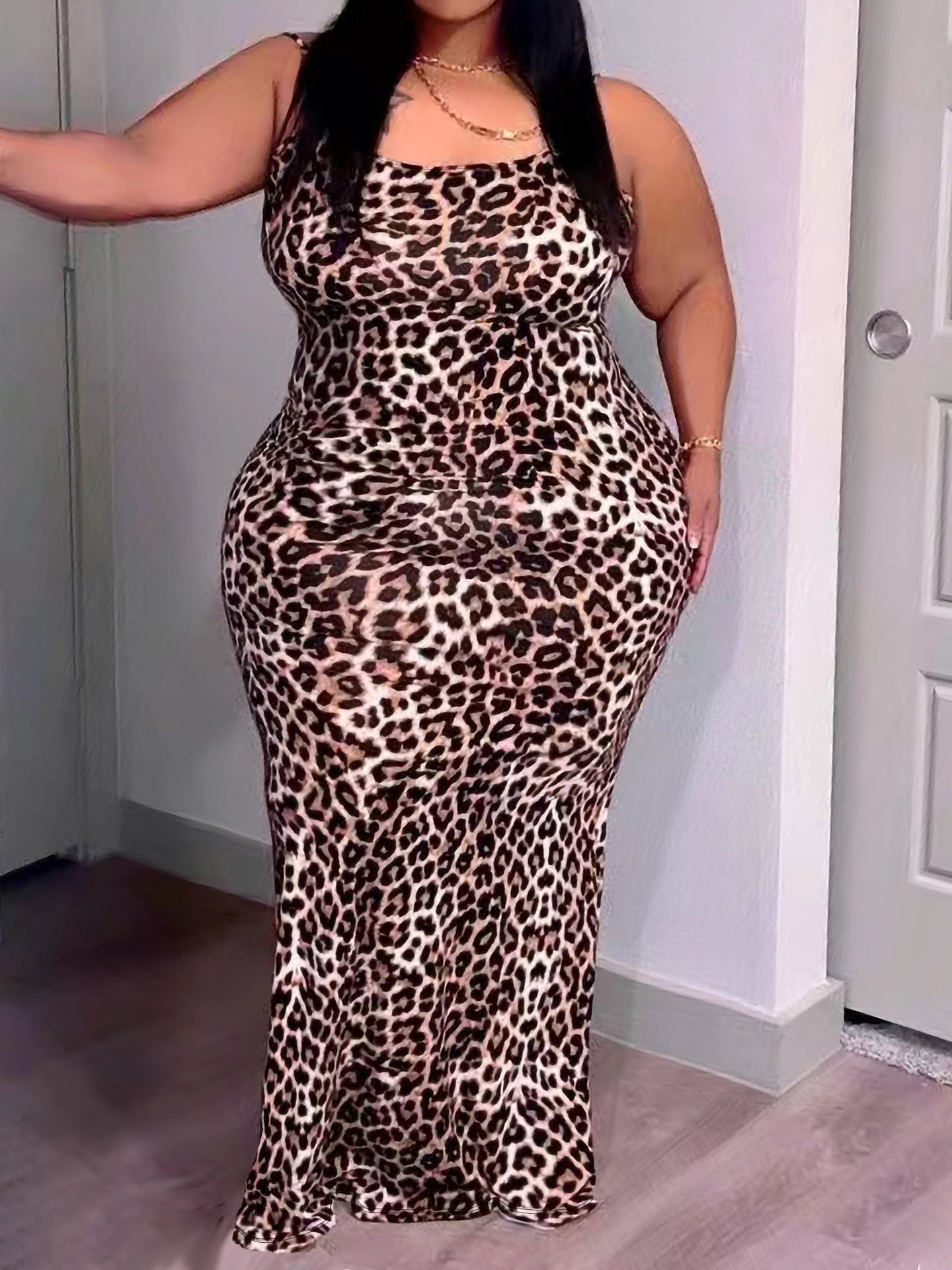 Plus Size Women Sexy Leopard Bodycon Dress