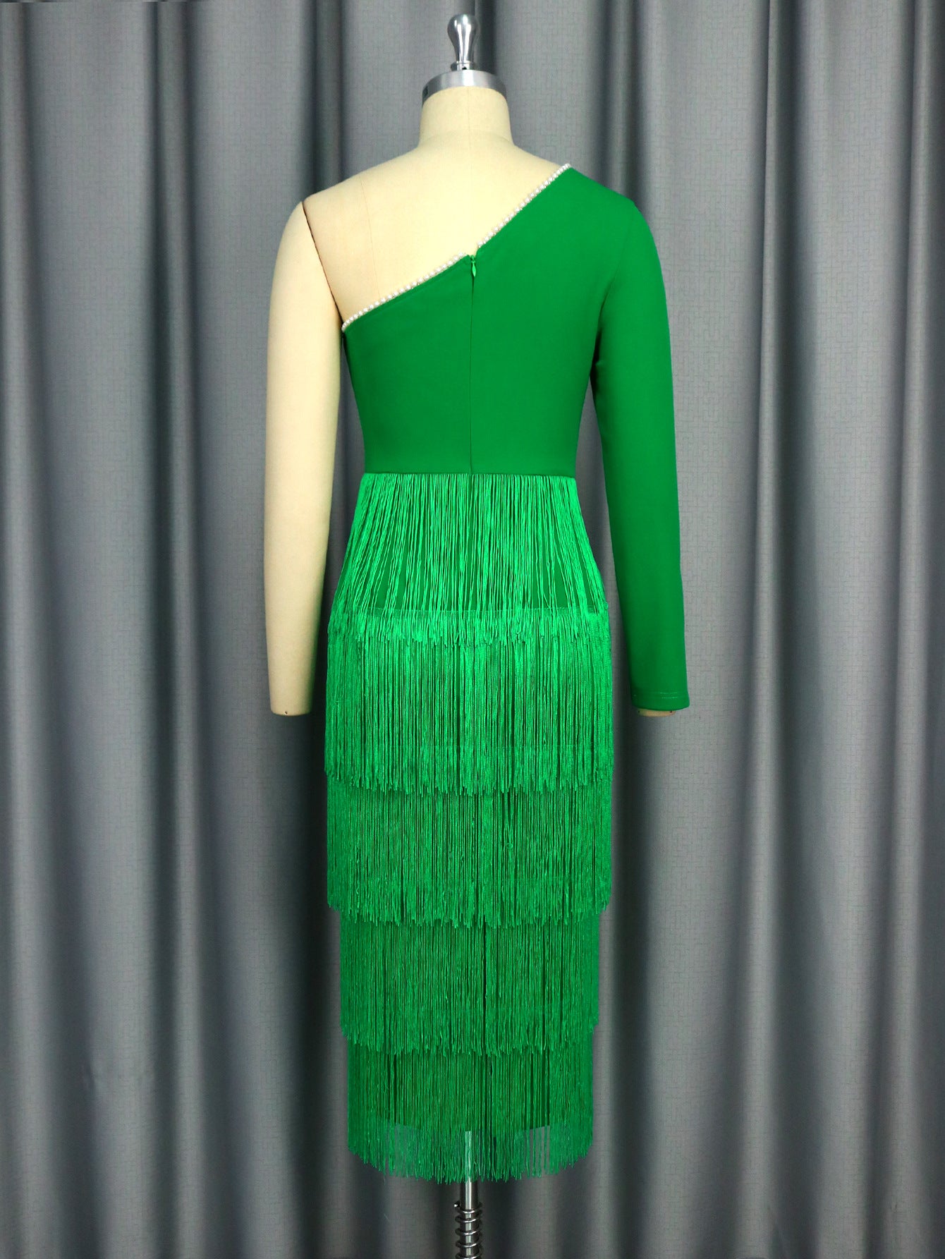 Sexy One-Shoulder Long-Sleeved High-Waist Slim Tassel Formal Party Evening Dress 7