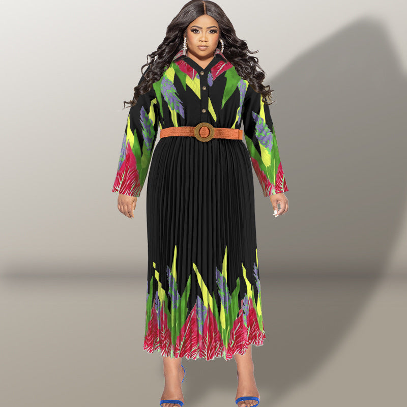Plus Size Autumn Women's Print Button Long Sleeve Pleated Dress 3