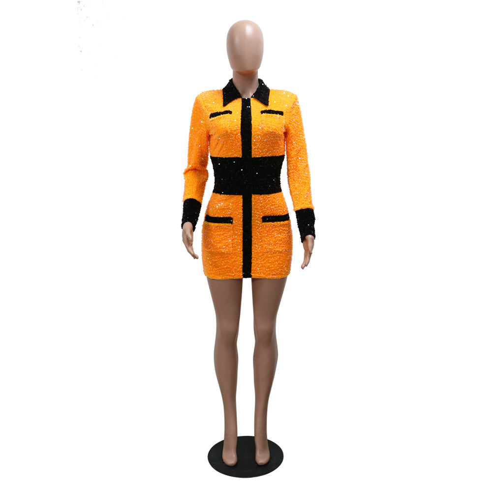 Women Sequined Color Block Party Dress 8