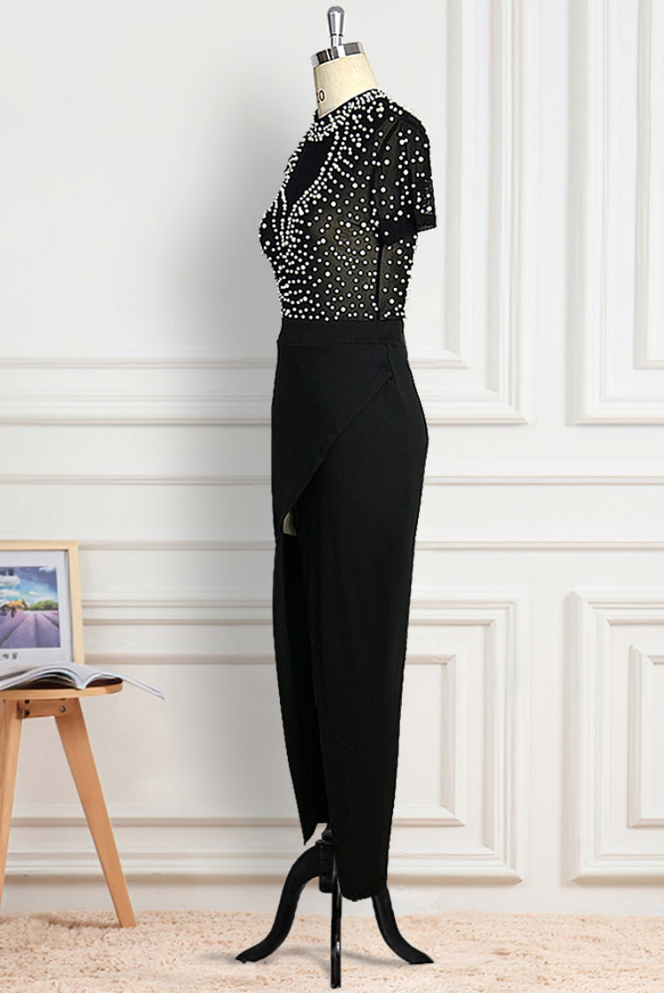 Autumn Formal Black Beaded Short Sleeves Slit Evening Dress 4