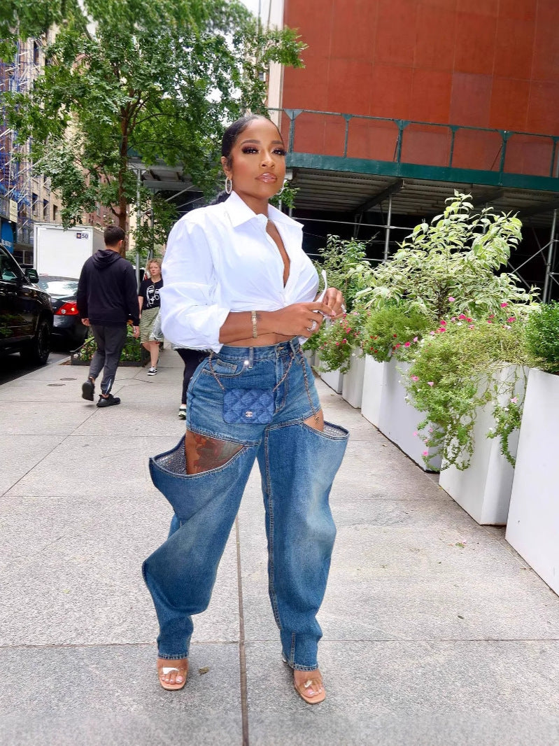 Women Symmetrical Ripped Washed Denim Pants