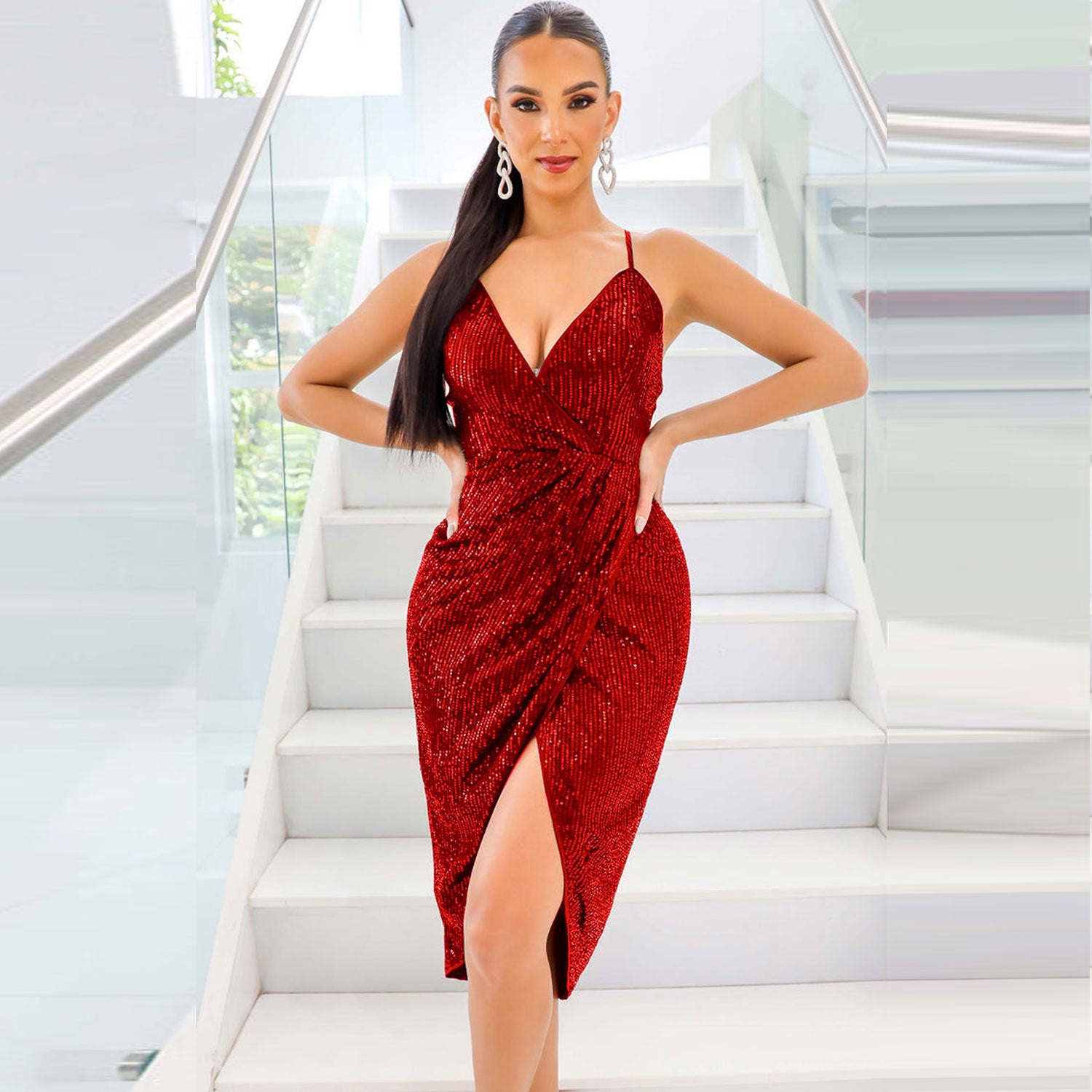 Sexy sequin strap slit dress nightclub dress 7