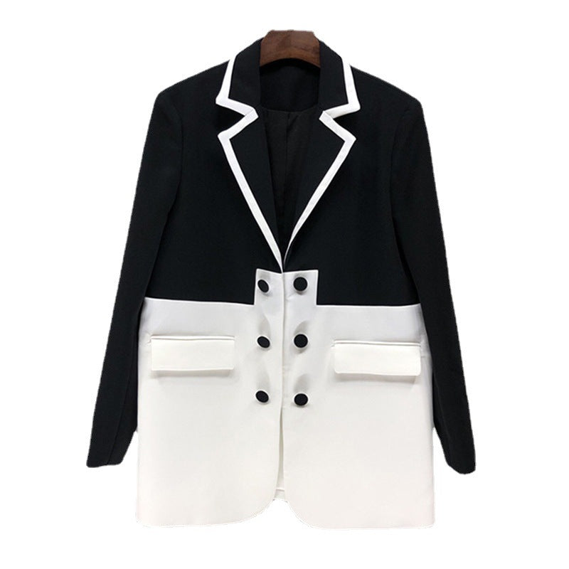 Women's Autumn Winter Coat Chic Black and White Colorblock Double Breasted Maxi Blazer 6