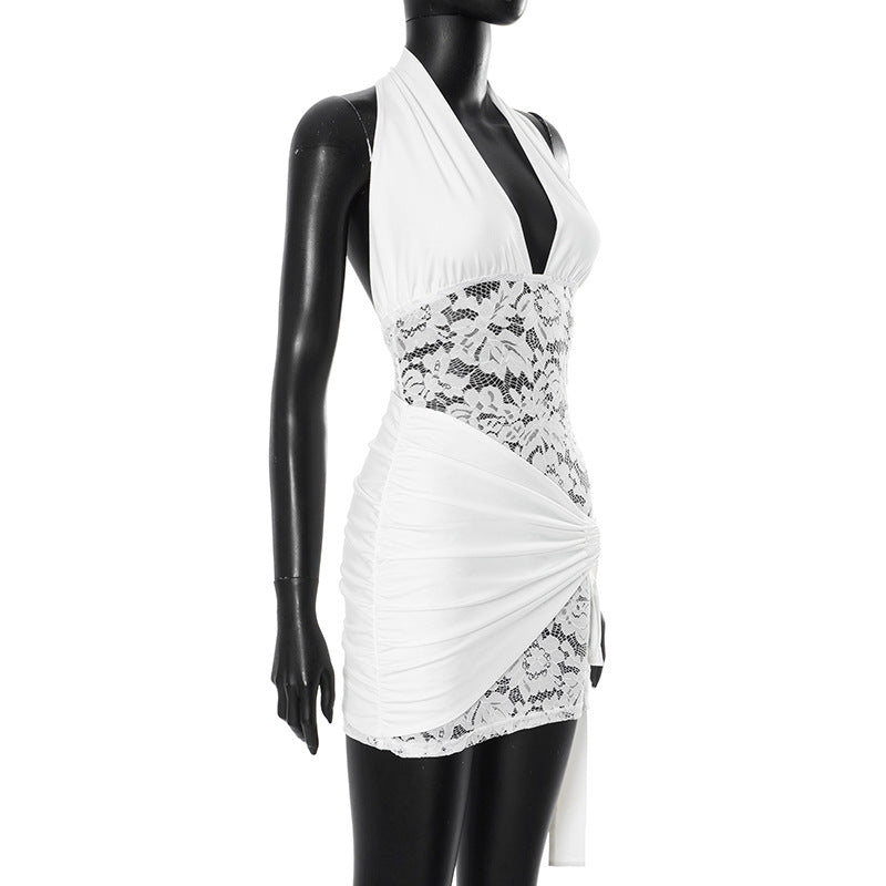 Women Sexy Halter Neck Lace Patchwork Gathered Tie Bodycon Dress 6