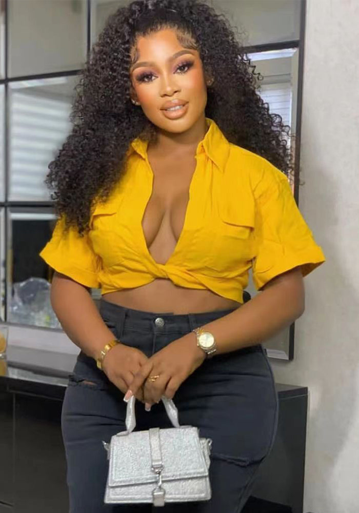 Women Turndown Collar v-neck Knot short-sleeved Crop Top