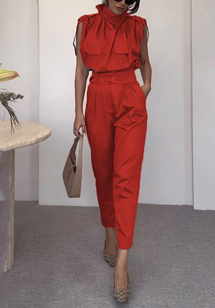 Women Summer Style Top and Belt Pant Two-Piece Set