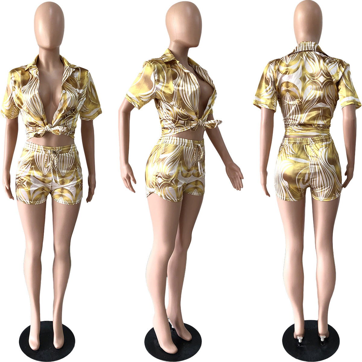 Women's Summer High Stretch Fabric Print Shirt Cropped Two Piece Shorts Set 12