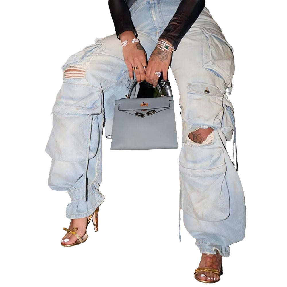 Denim Cargo Pants Multi-Pocket Pants Retro Casual Pocket Pants 15